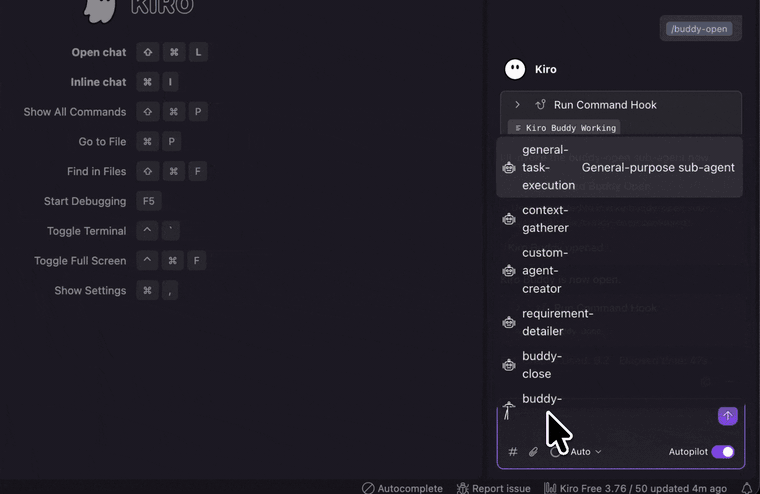 Kiro IDE Buddy changing animation states inside Kiro